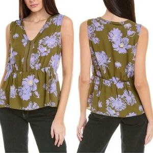 CAbi Olive and Lavender Floral Blouse